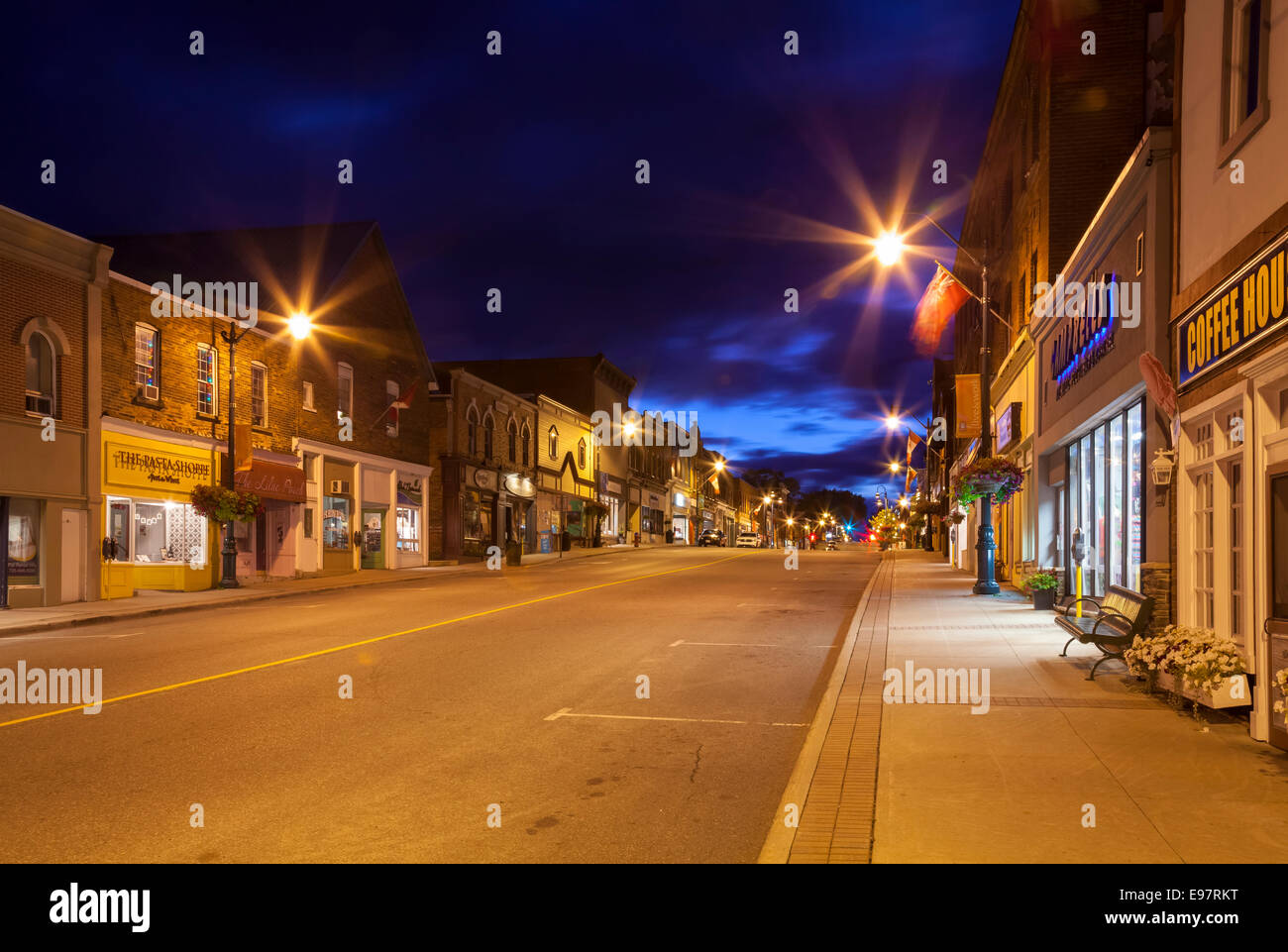 Manitoba St. in downtown Bracebridge at dusk. Ontario, Canada Stock