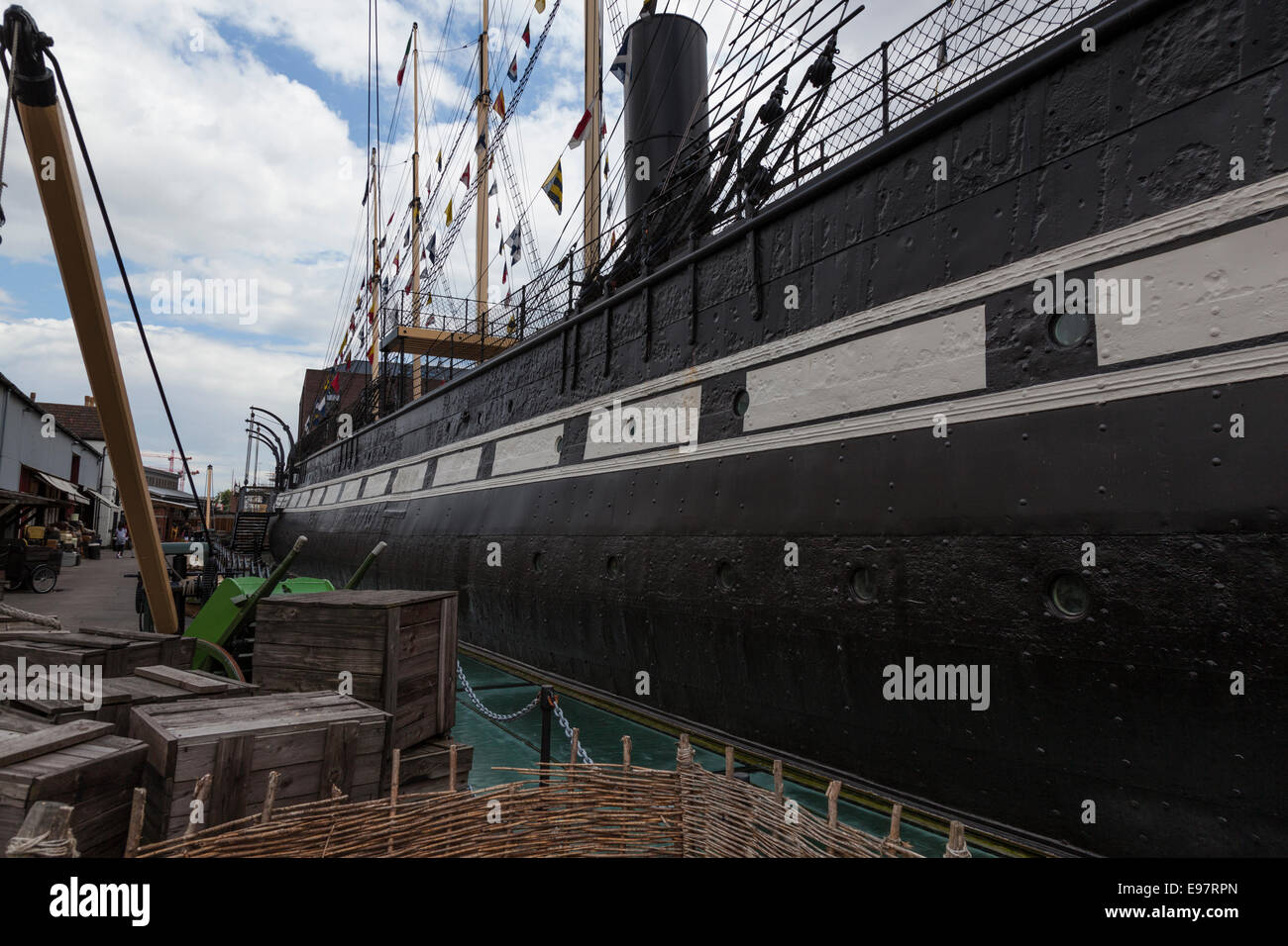 The SS Great Britain as seen from the quayside and showing the length of the hull. The ship was launched in 1843. Stock Photo