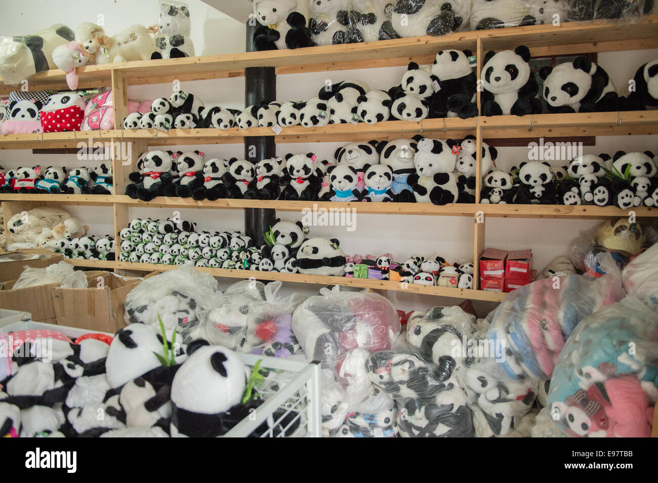 Panda toys and memorabilia for sale in Ya'an, Sichuan, China. (Photo by Ami Vitale) Stock Photo