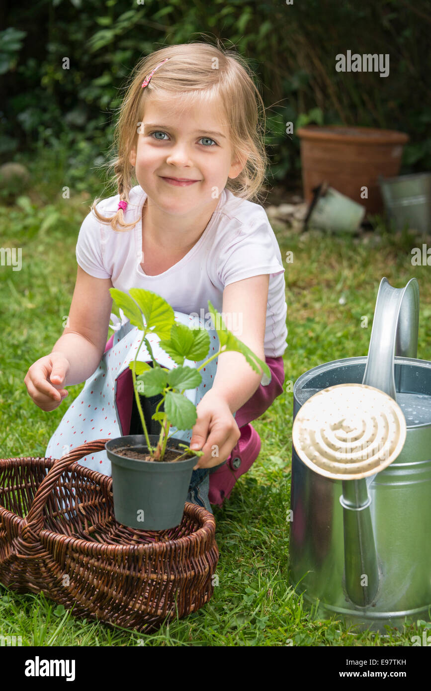 Girl gardening, putting a potted plant into basket Stock Photo Alamy