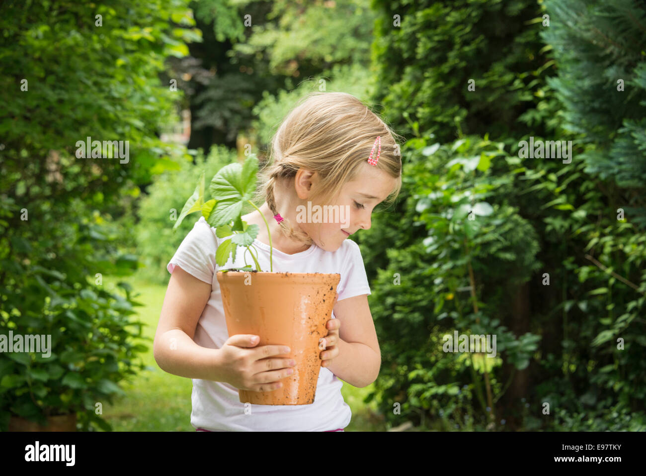 Little girl gardening, holding potted plant in hands Stock Photo