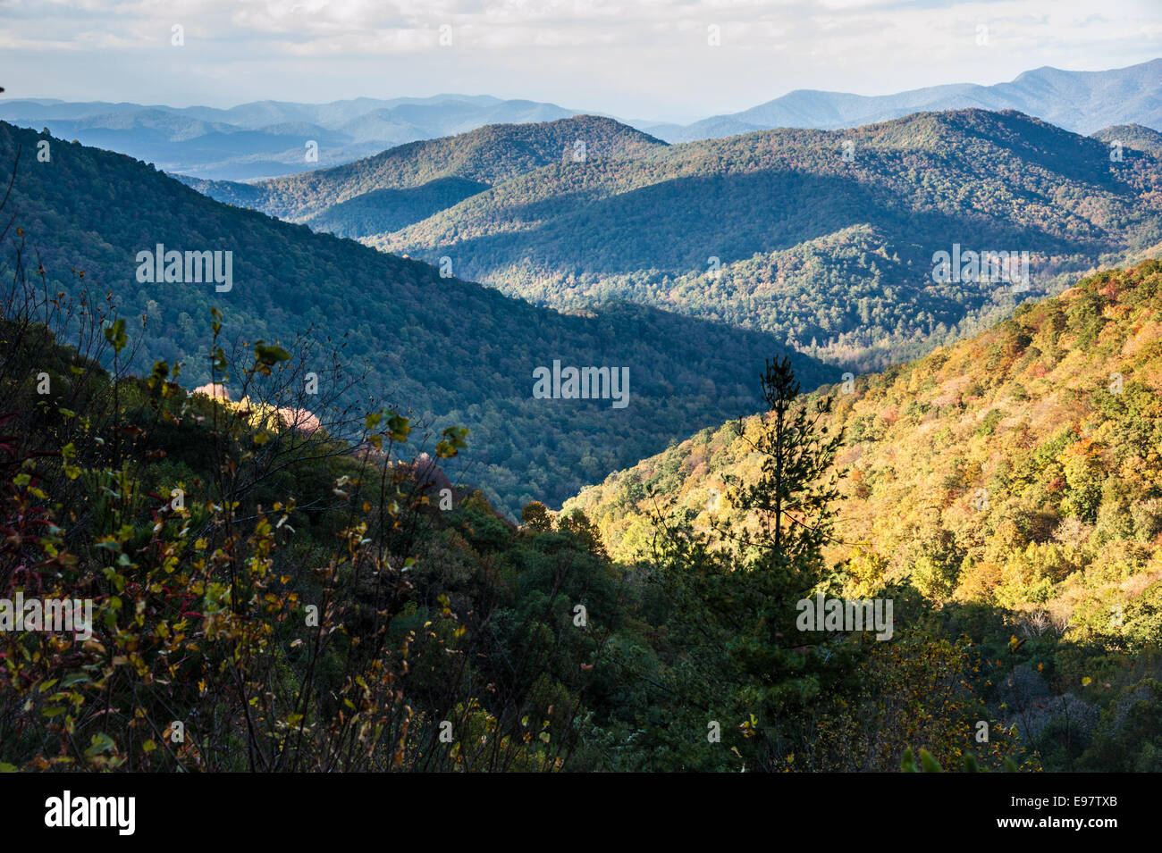 Sunlight and shadows play on the mountainsides of the Blue Ridge Mountains near  Blairsville and Helen, Georgia, USA. Stock Photo