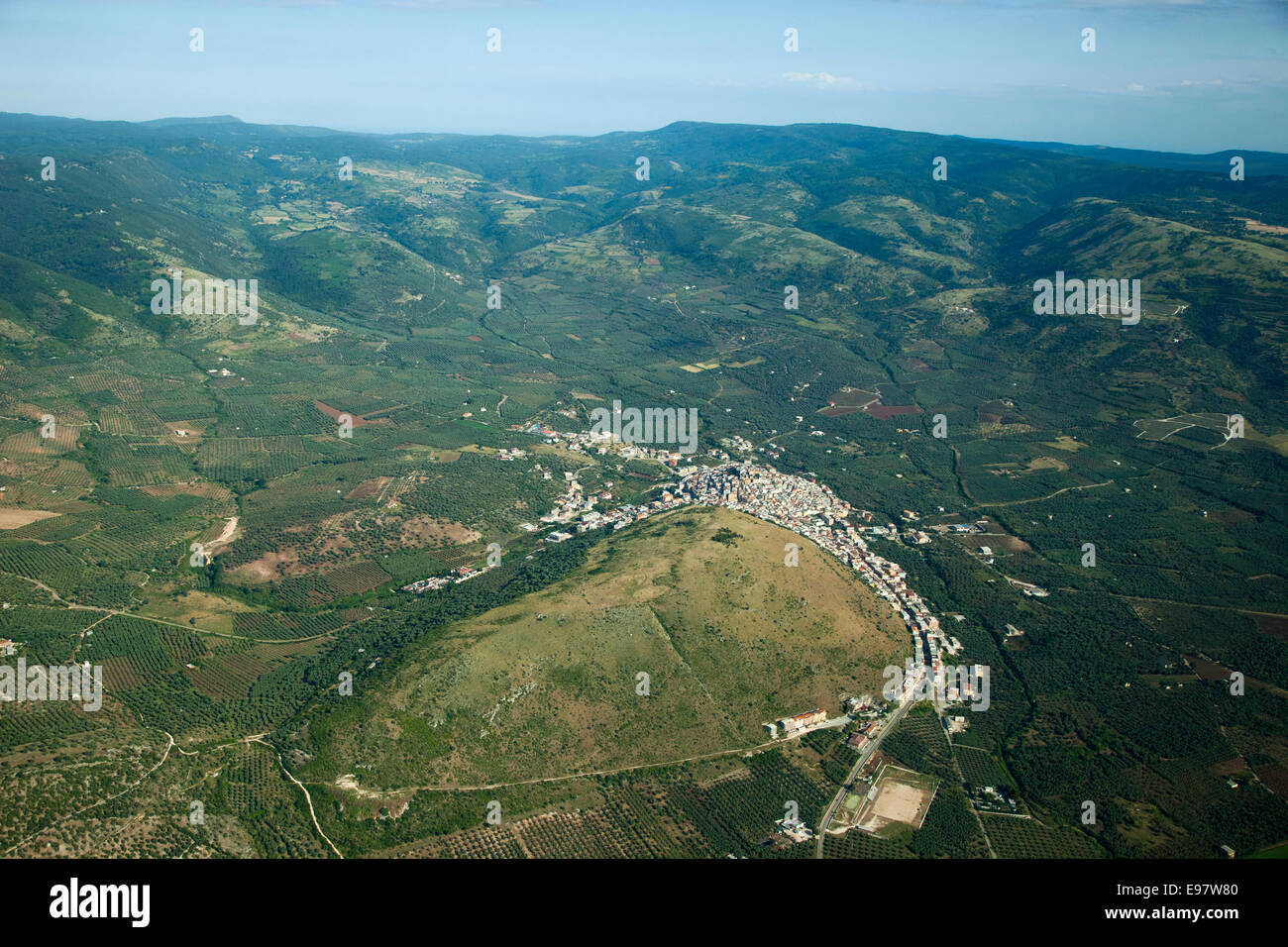 aerial view, mattinata village and the umbra forest, gargano, foggia province, puglia, italy, europe Stock Photo