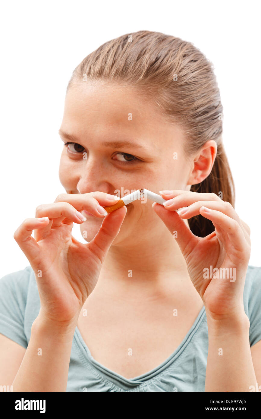 Woman Breaking Cigarette In Two Meaning Stop Smoking Warning Focus 