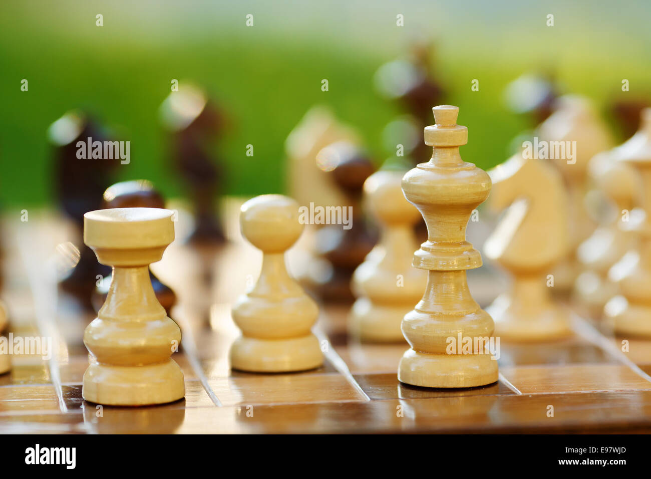 Chess pieces macro during game play in nature (shallow DOF) Stock Photo