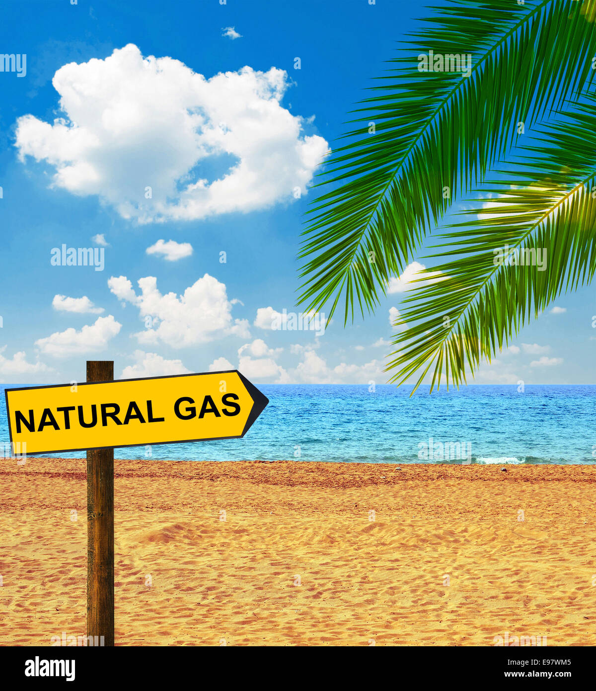 Tropical beach and direction board saying NATURAL GAS Stock Photo