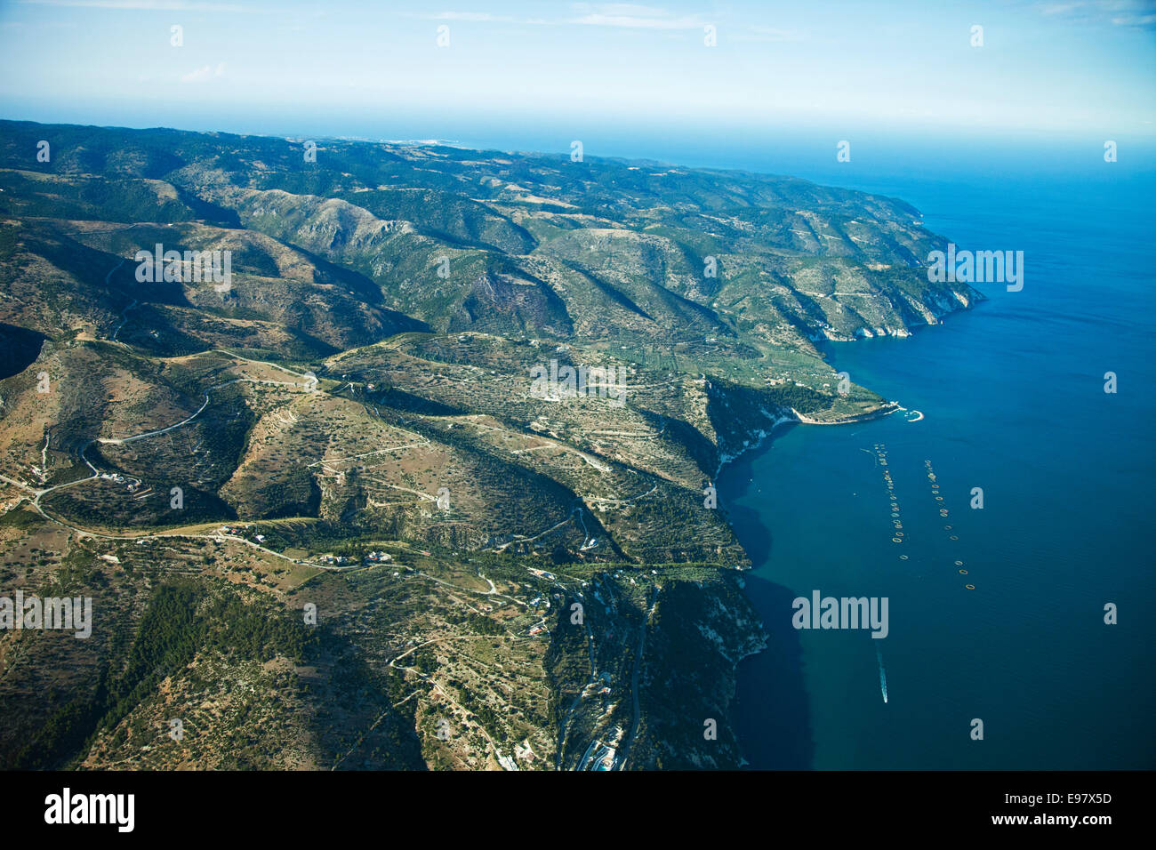 aerial view, coast in the area of vieste village, umbra forest, gargano, foggia province, puglia, italy, europe Stock Photo
