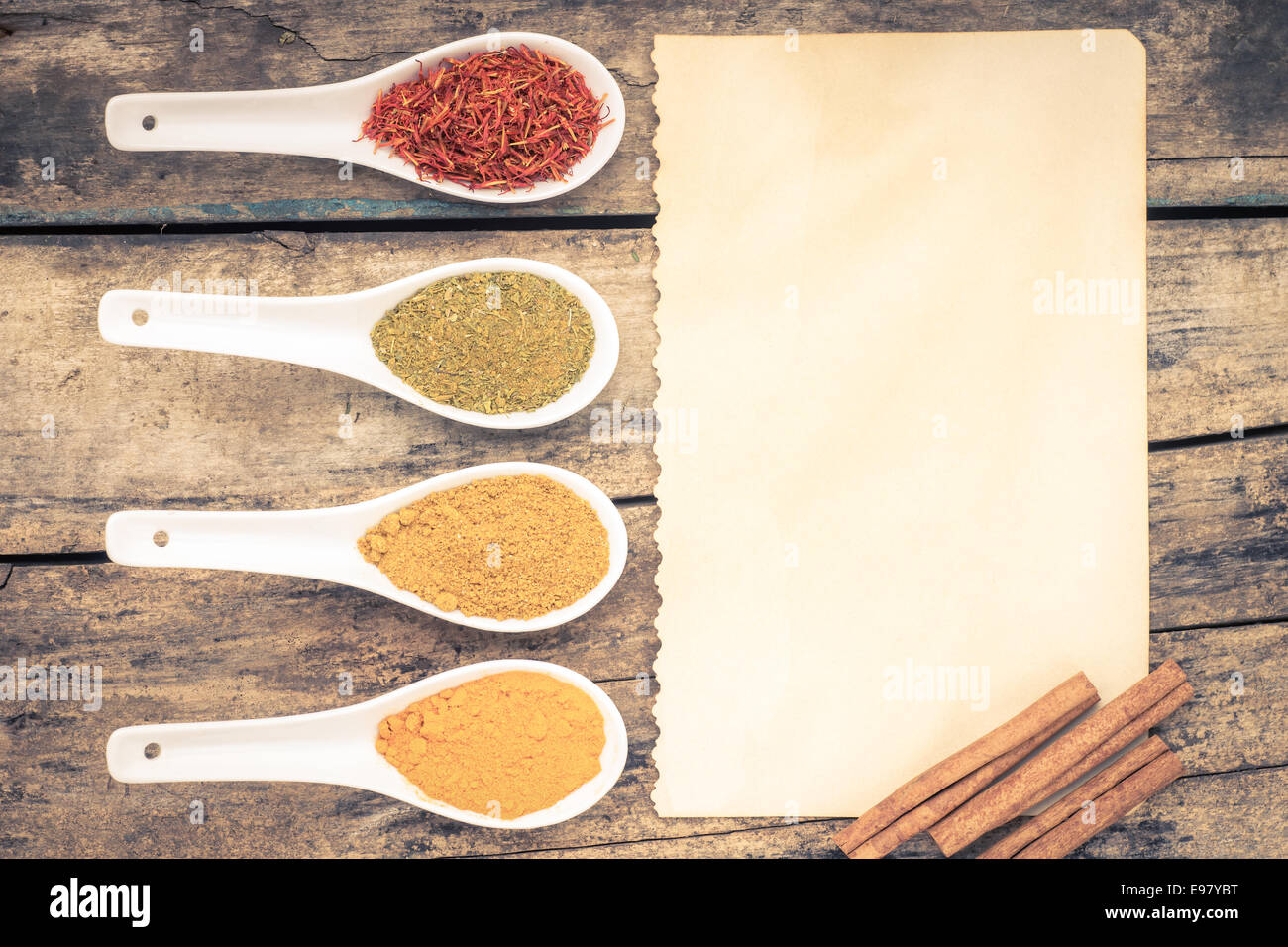 Vintage Spices recipe background. Various condiments  Top View Stock Photo
