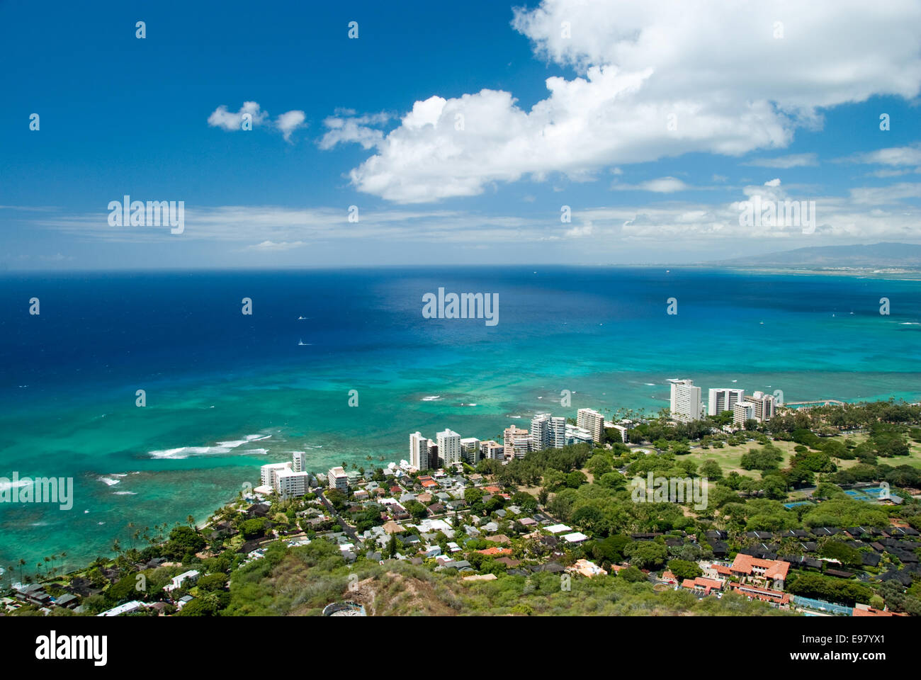 Aerial view of Honolulu and Waikiki beach from Diamond Head Stock Photo