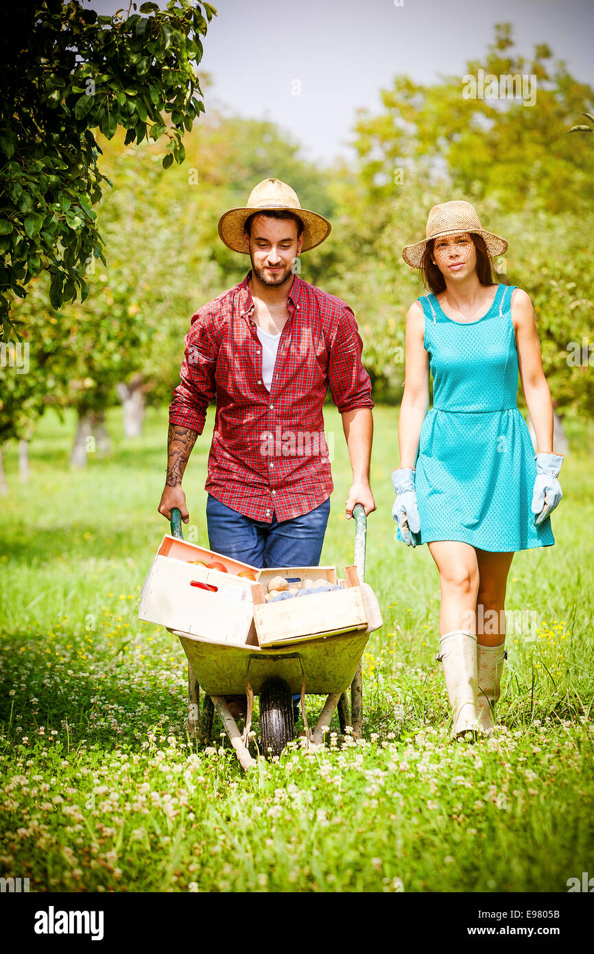 Young couple in vegetable garden, man pushing wheelbarrow Stock Photo