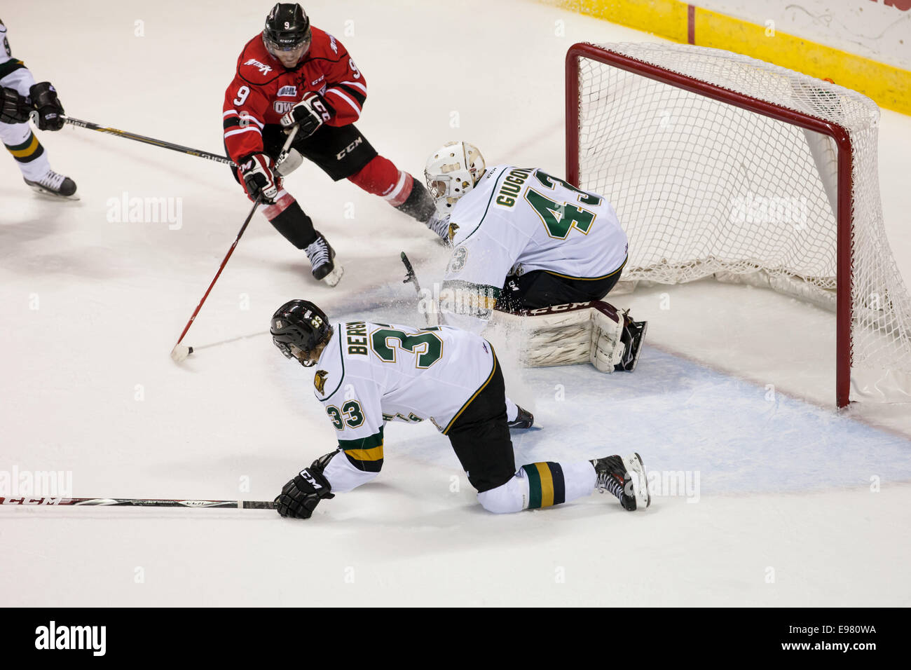 October 17, 2014. London Knights goalie Michael Giugovaz (43) prepares for a shot from Owen Sound player Ethan Szypula (9) durin Stock Photo