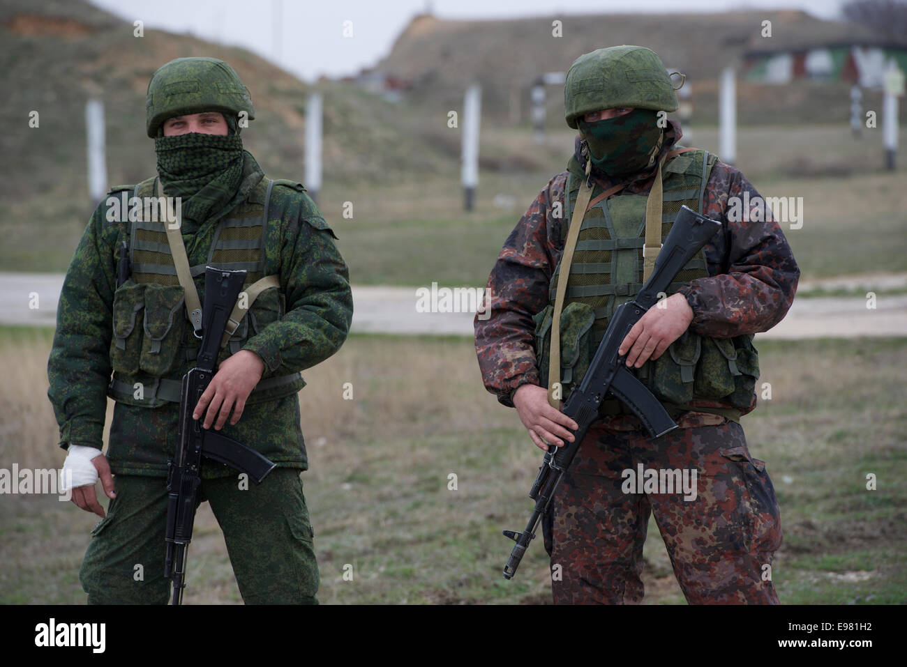 Russian soldiers, with no insignia, (so called 'little Green Men'at the Belbek airbase in Crimea, in th early part of the Russian annexation of Crimea Stock Photo