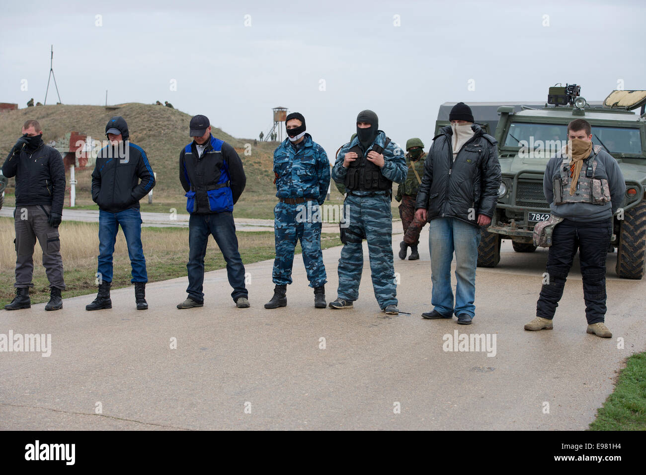 Pro Russian 'militia' at Belbek airbase during the annexation of Crime by Russia Stock Photo