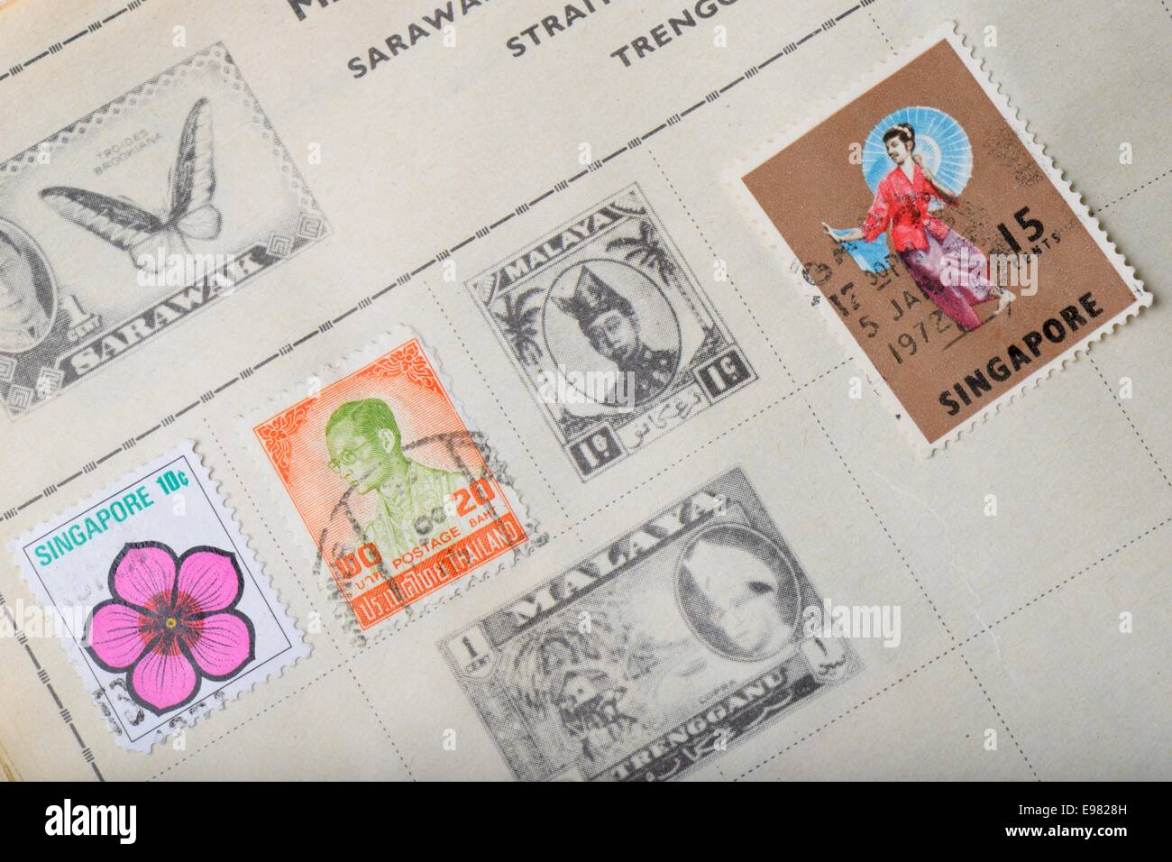 A page from a stamp collecting album. Stock Photo