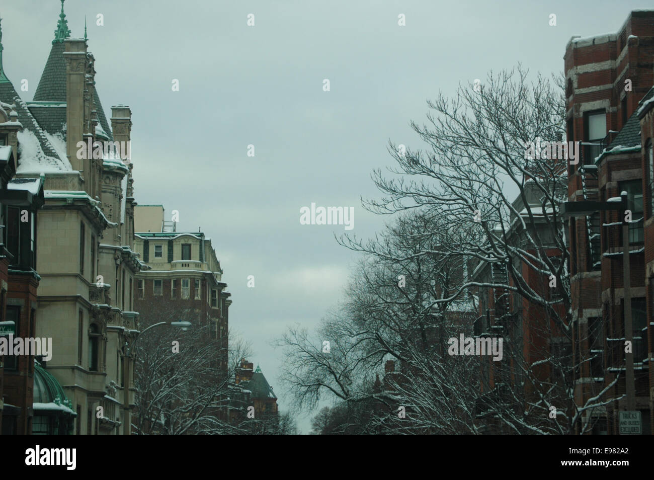 View of the tops of brick-stones on a Boston Street during a overcast winter day. Stock Photo