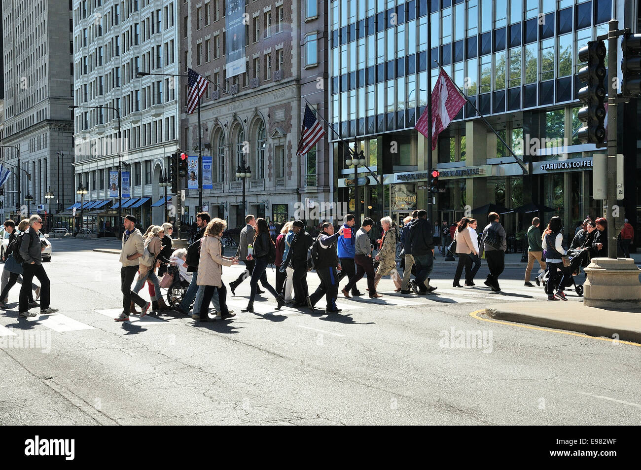 Chicago's Michigan Avenue with pedestrians and shoppers. Stock Photo