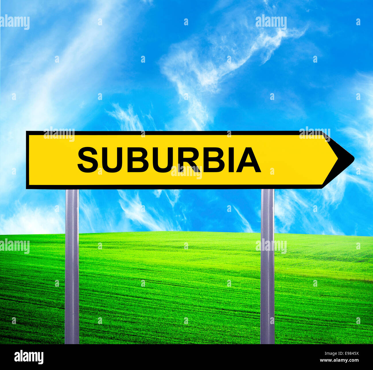 Conceptual arrow sign against beautiful landscape with text - SUBURBIA ...