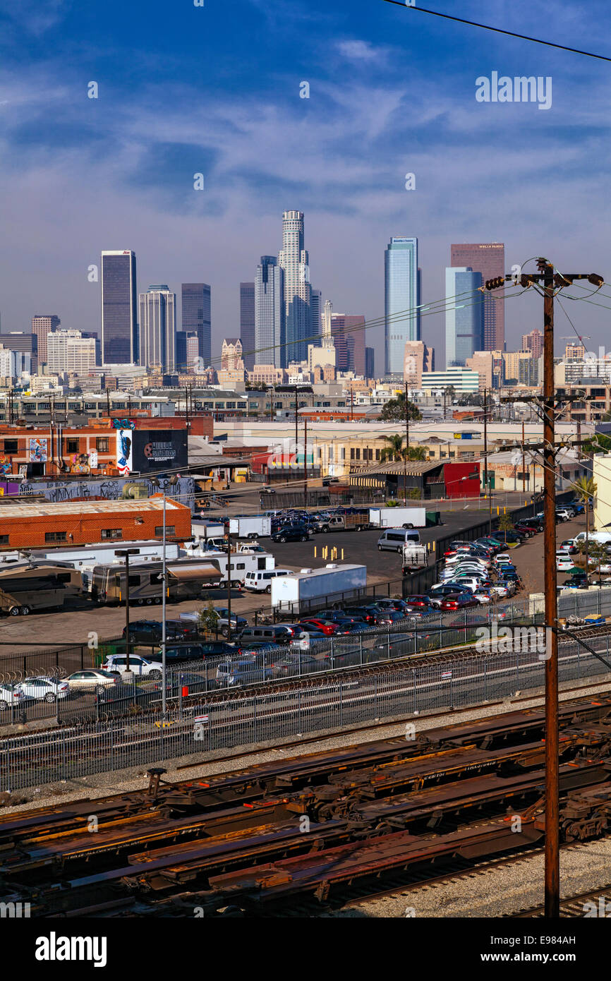 Train Tracks and downtown Los Angeles skyline, California, USA Stock