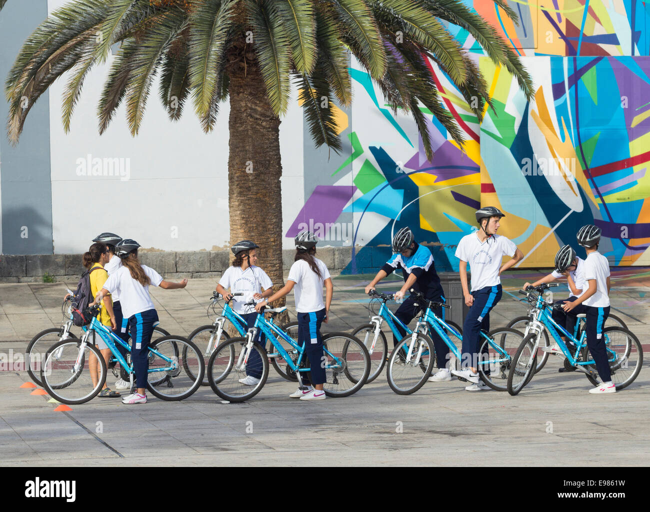 Spanish schoolchildren on cycling awareness course in Las Palmas the capital of Gran Canaria, Canary Islands, Spain Stock Photo