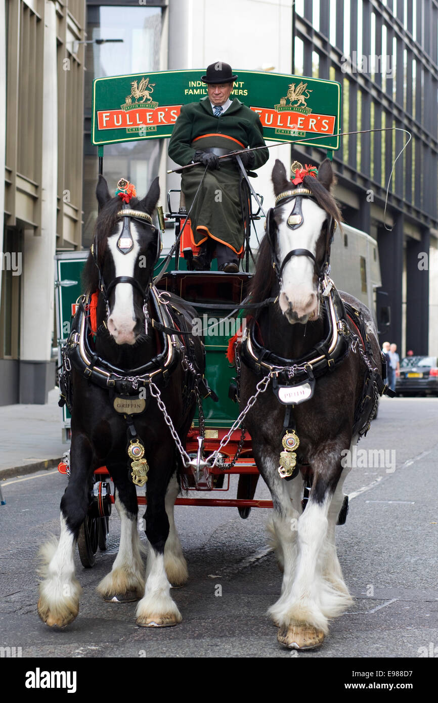 Shire Horses pulling a Fuller Brewery Wagon  on the streets of London England Stock Photo