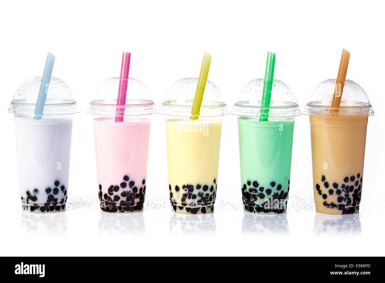 Various Bubble Tea in a row isolated on white background Stock Photo