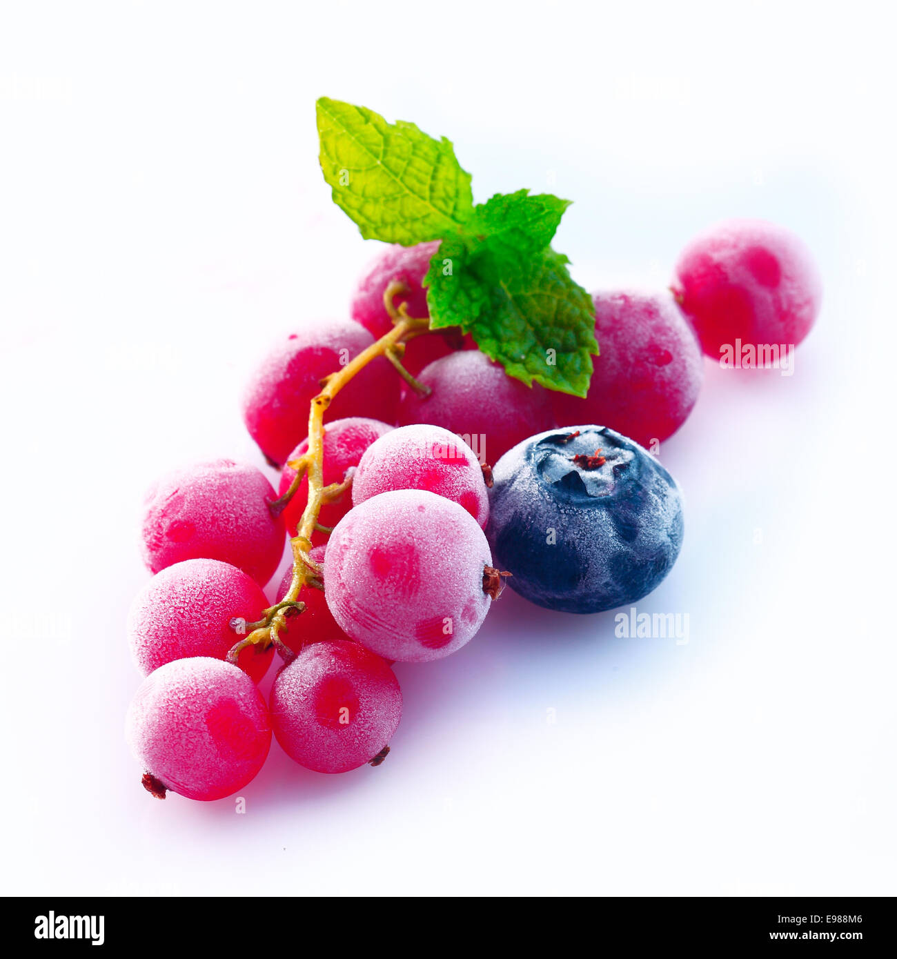 Assortment of chilled redcurrant, blueberry and raspberry berries with skins frosted with moisture Stock Photo