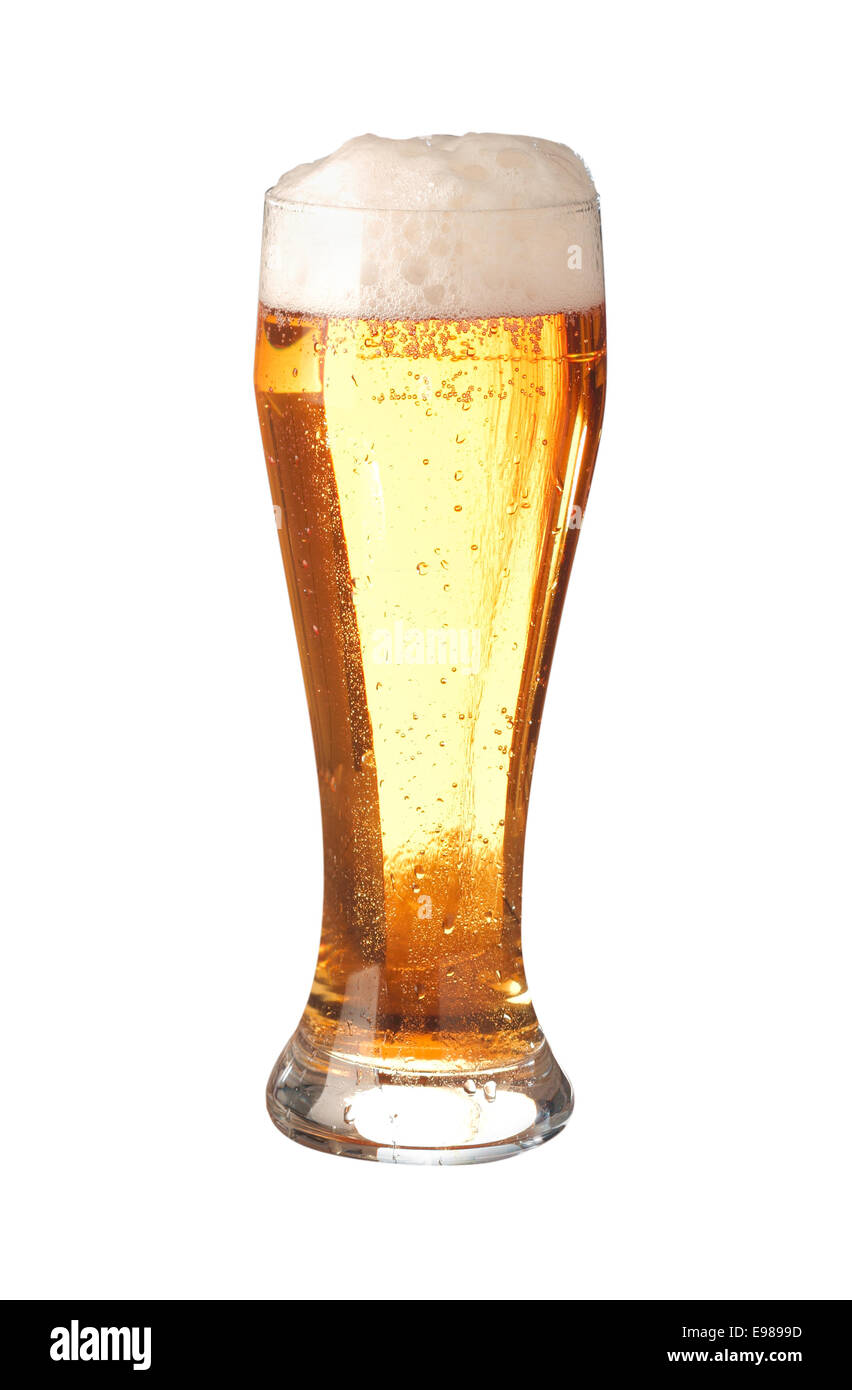 Elegant pint glass of translucent golden frothy beer or ale with a good head and bubbles isolated on white Stock Photo