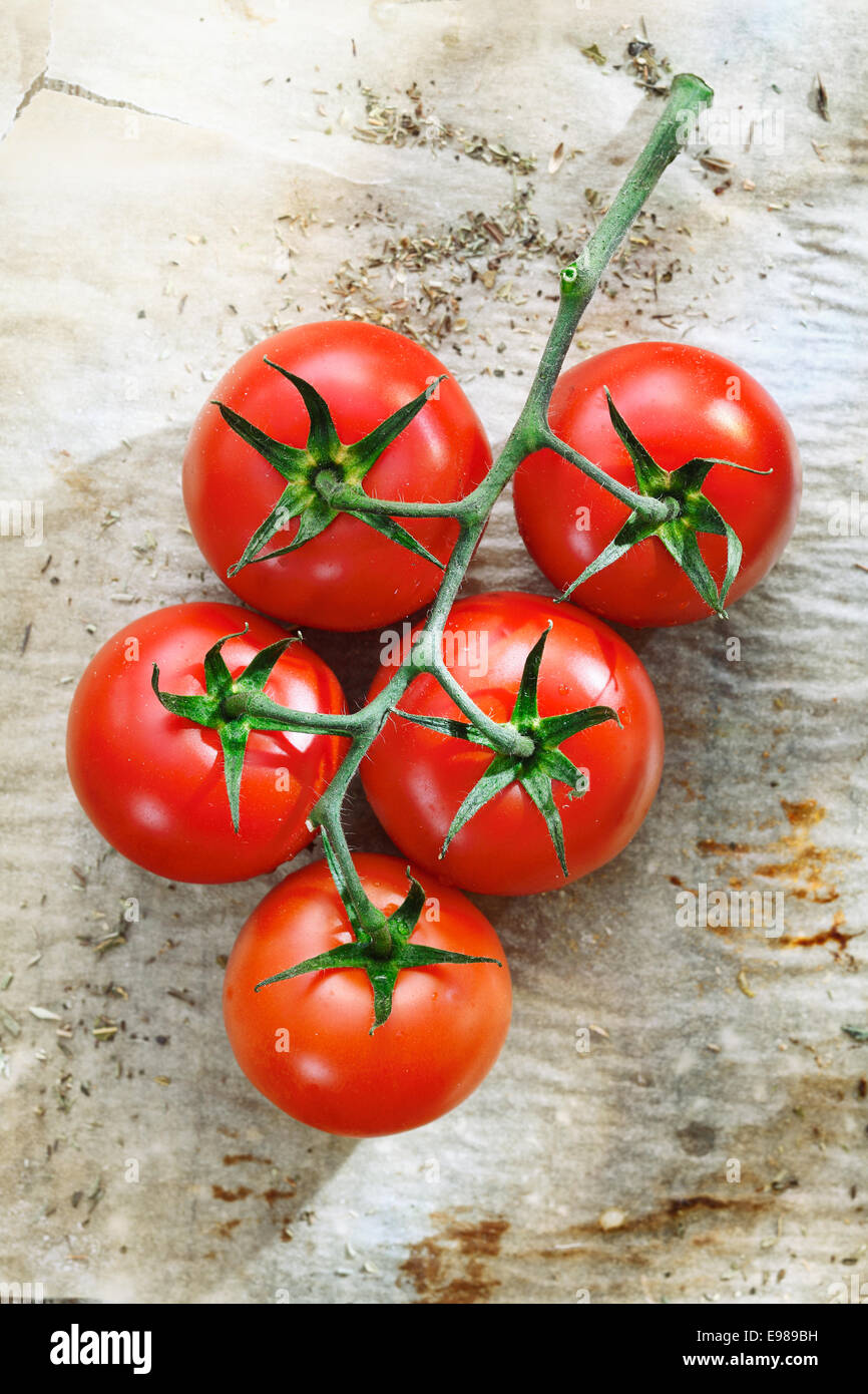 Bunch of fresh ripe red tomatoes on wrinkled used oven paper covered in stains Stock Photo