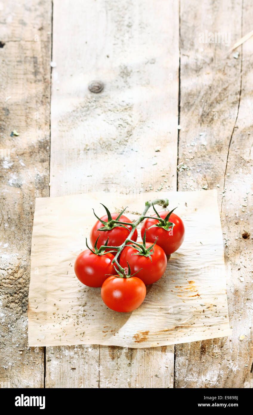 Bunch of fresh red ripe tomatoes in a grungy rustic kitchen on a crinkled sheet of used oven paper on a dirty wooden tabletop Stock Photo
