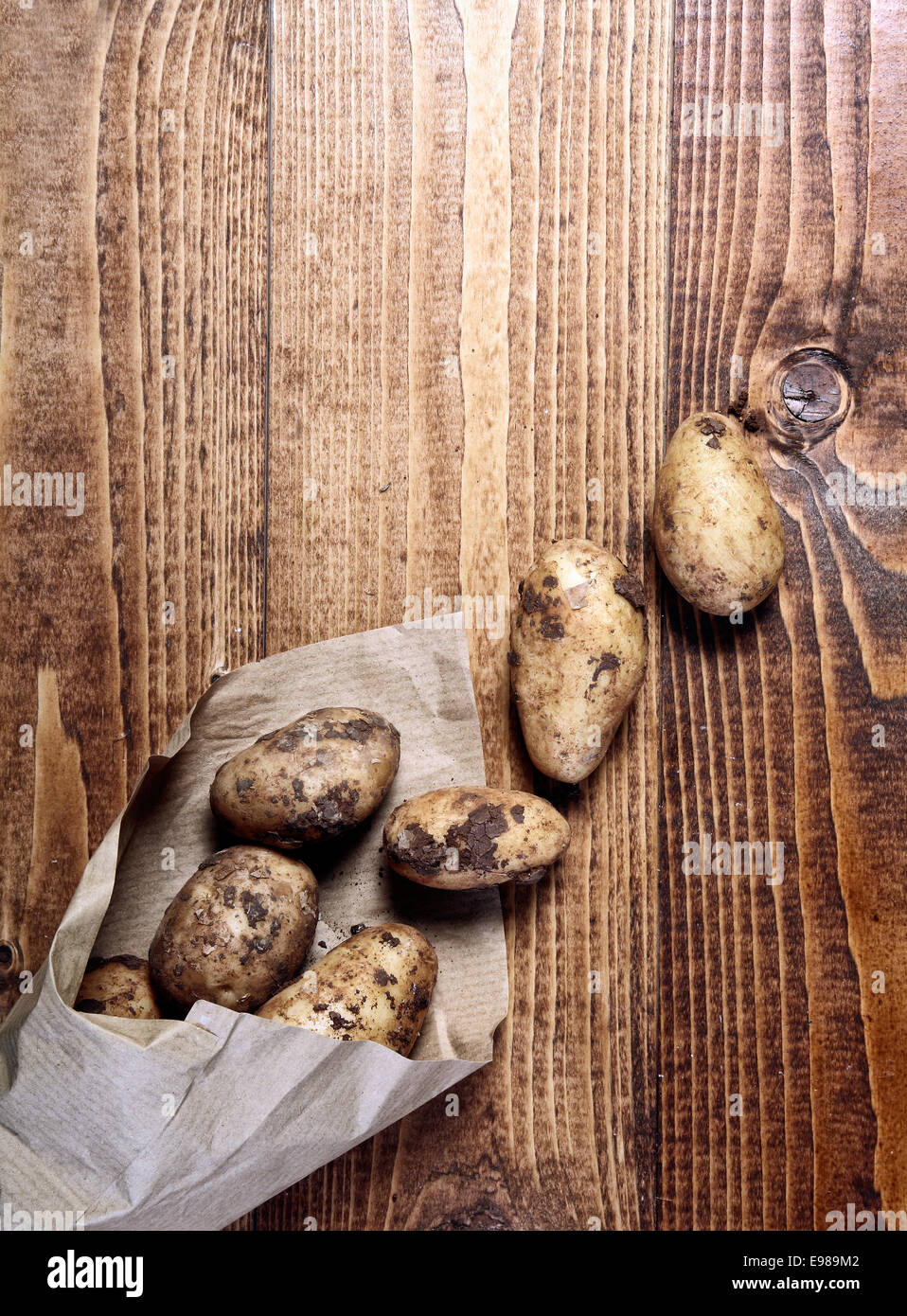 Overhead view of unwashed newly harvested farm fresh potatoes at market spilling out of a paper wrap onto a textured wooden surface Stock Photo
