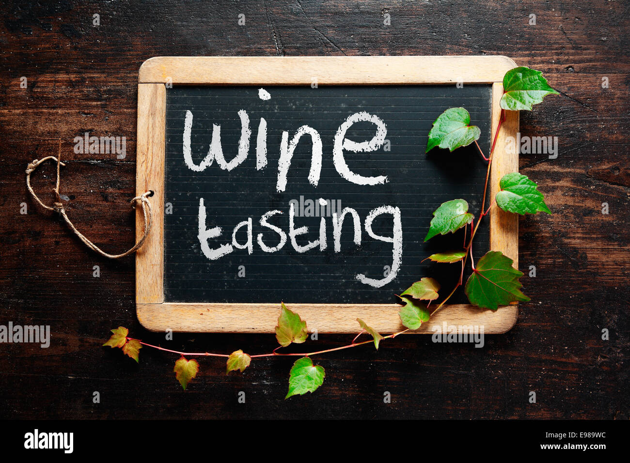 Handwritten decorative Wine tasting sign on a small rustic slate chalkboard with trailing leaves from a green creeper and dark textured wood background Stock Photo