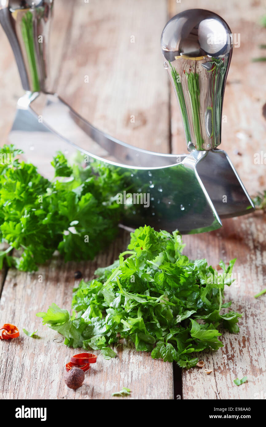Chopping a bunch of fresh crinkly leafed parsley as a garnish using a stainless steel rocker blade on a wooden surface Stock Photo