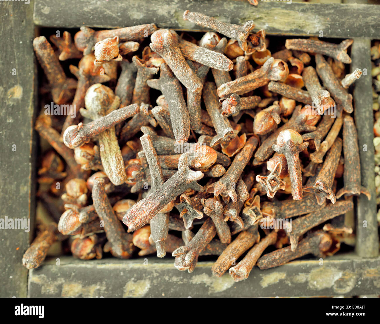 Overhead closeup view of dried cloves, the aromatic dried flower buds