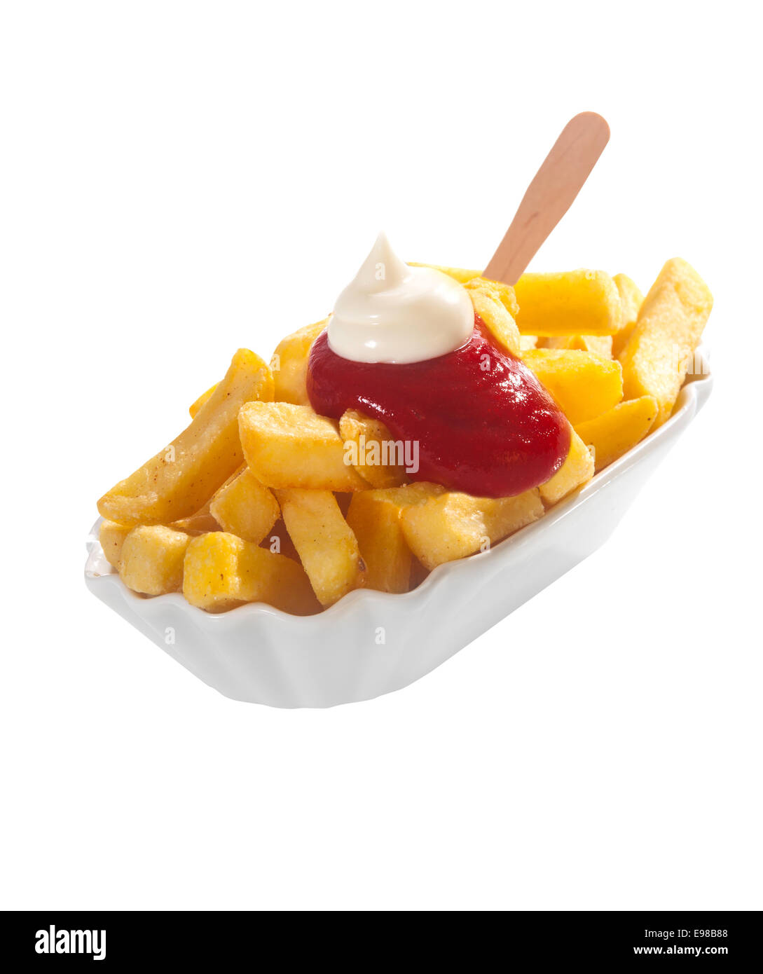 Dish of crisp golden potato chips or French fries topped with ketchup