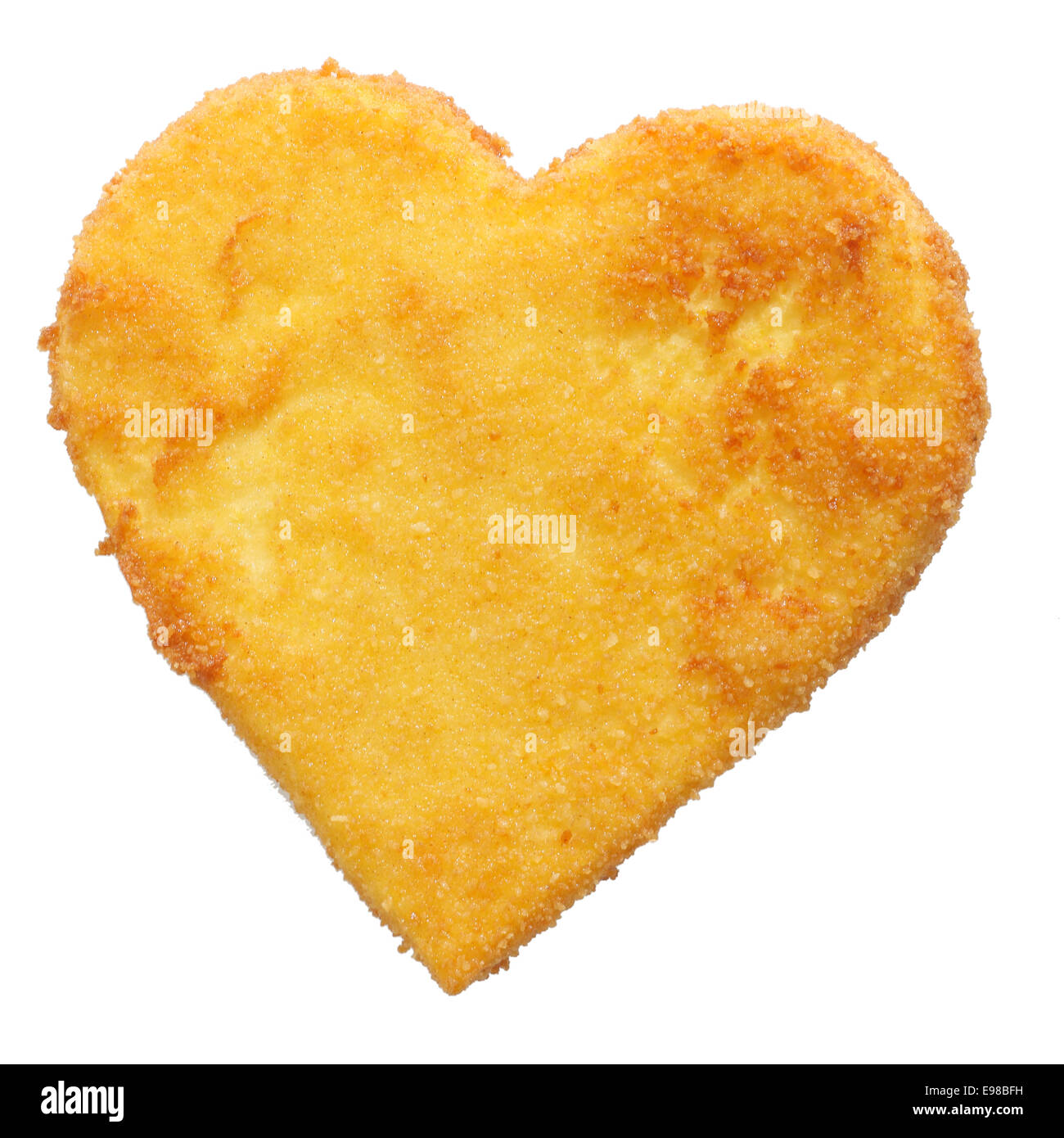 Delicious fried breaded cheese, fish or chicken meat in heart shape
