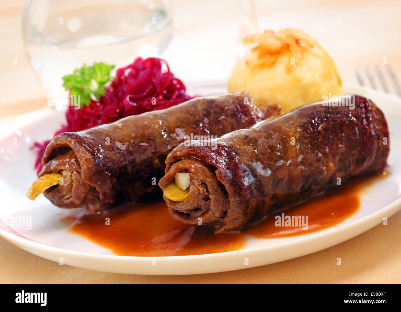 Two delicious roulades or beef olives made from thinly sliced rolled