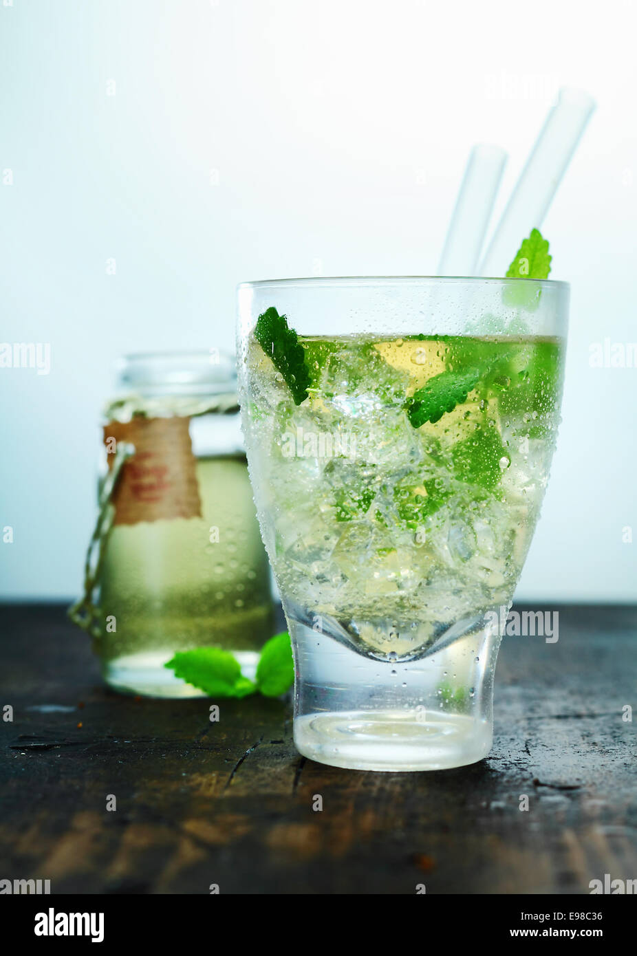 Hugo Drink with elderflower syrup standing on a counter Stock Photo