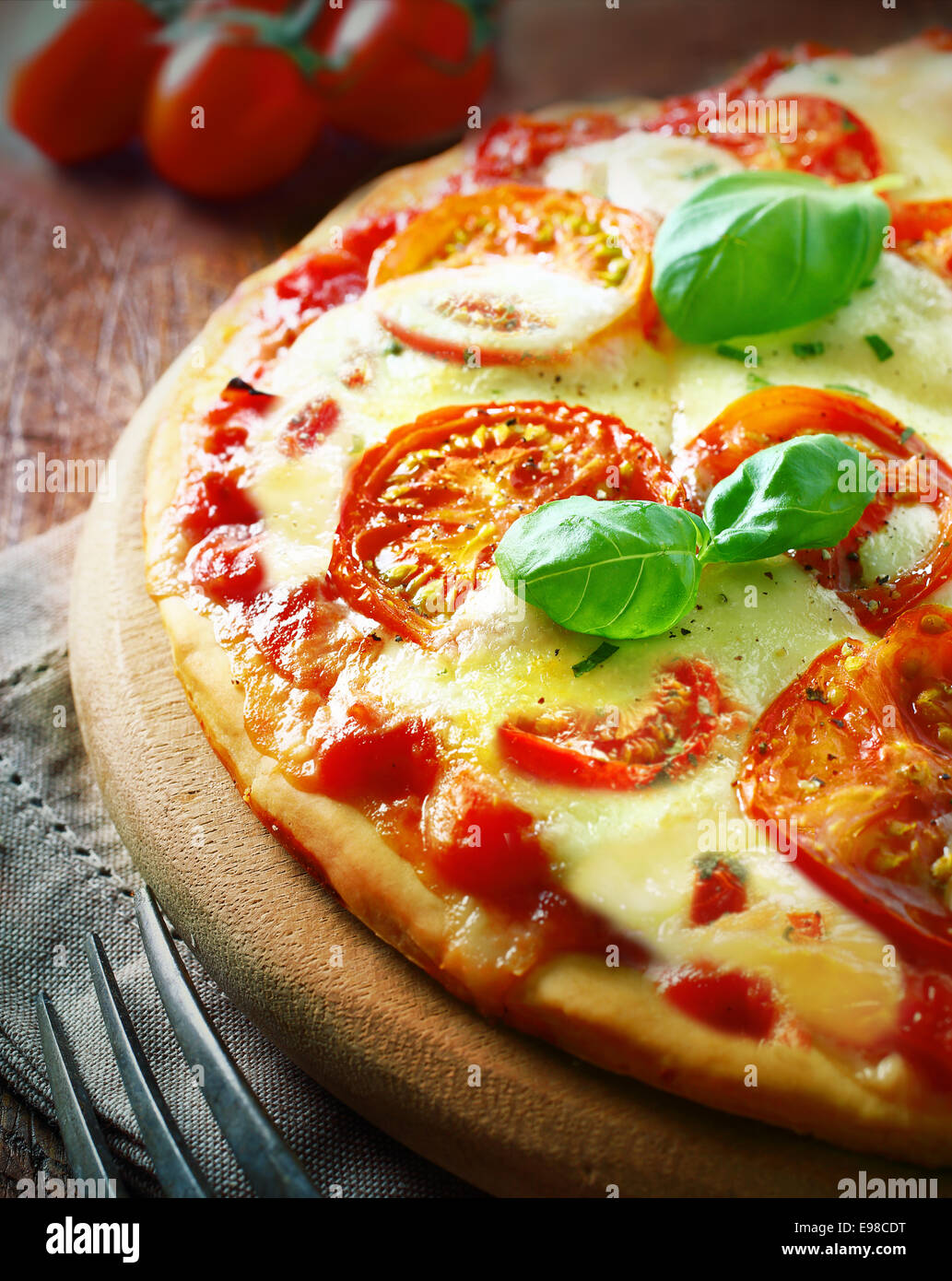 Delicious crusty Italian pizza with a thick topping of golden grilled