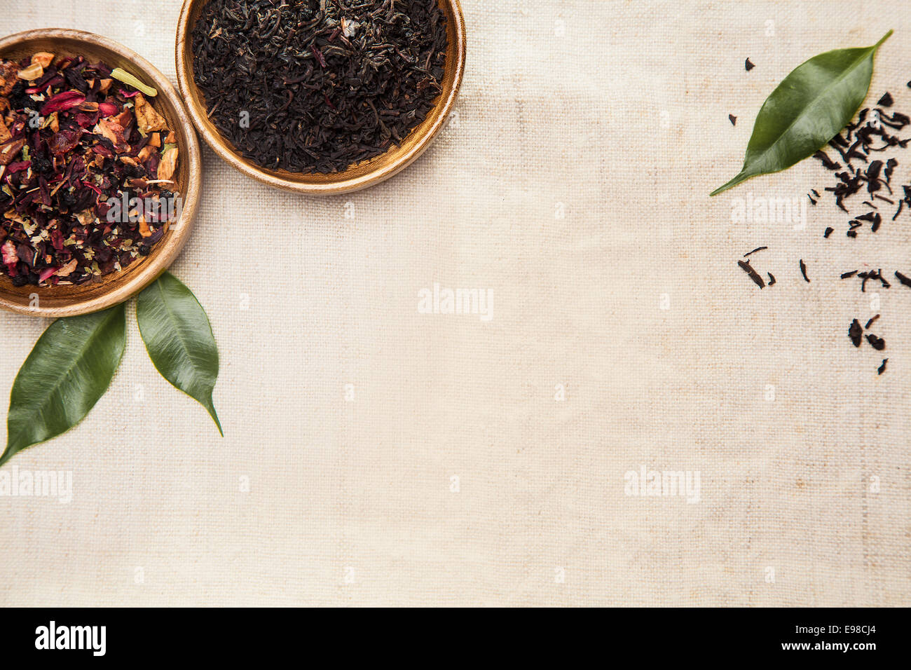 Close-up of dried herbs, aromatic plants and green leaves, used for their healing effects in traditional Chinese medicine Stock Photo