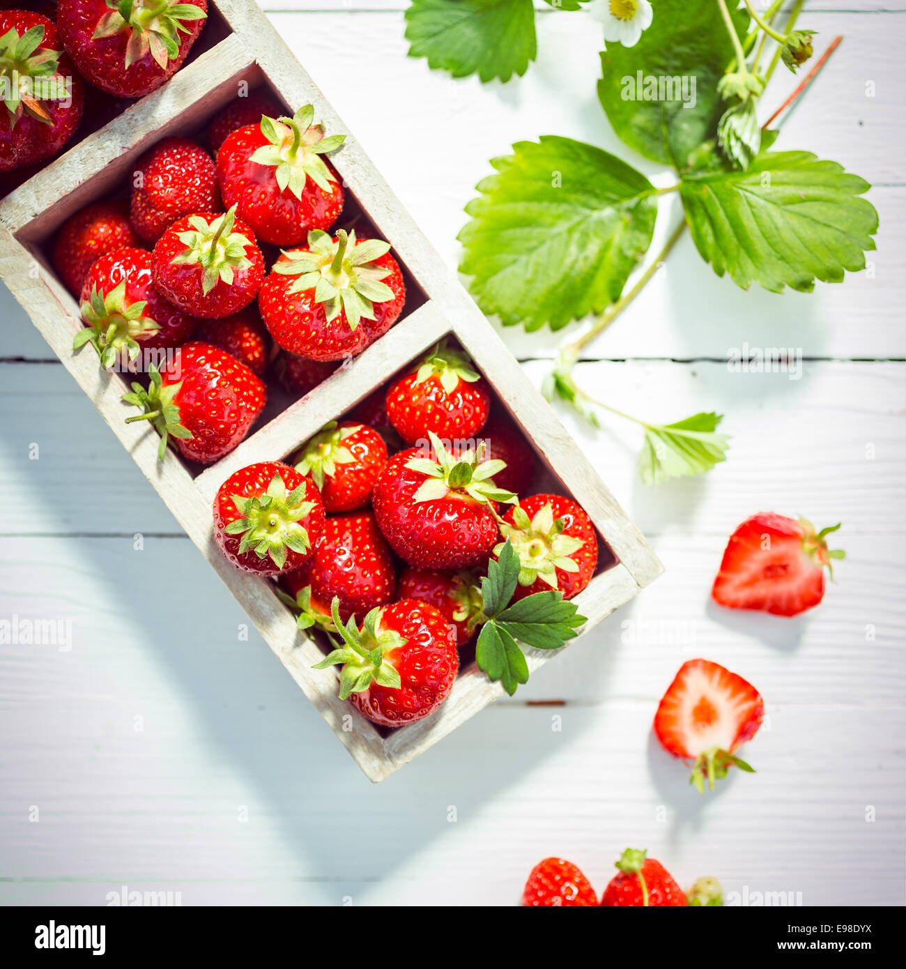Fresh ripe red strawberries in boxes displayed on white painted wooden boards at a farmers market wih fresh green leaves and a halved berry showing the succulent pulp, overhead view Stock Photo