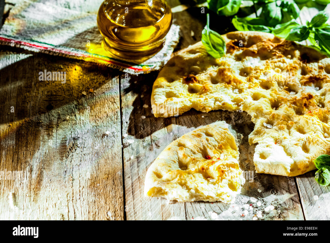 Focaccia bread, a traditional Italian flatbread flavored with olive oil