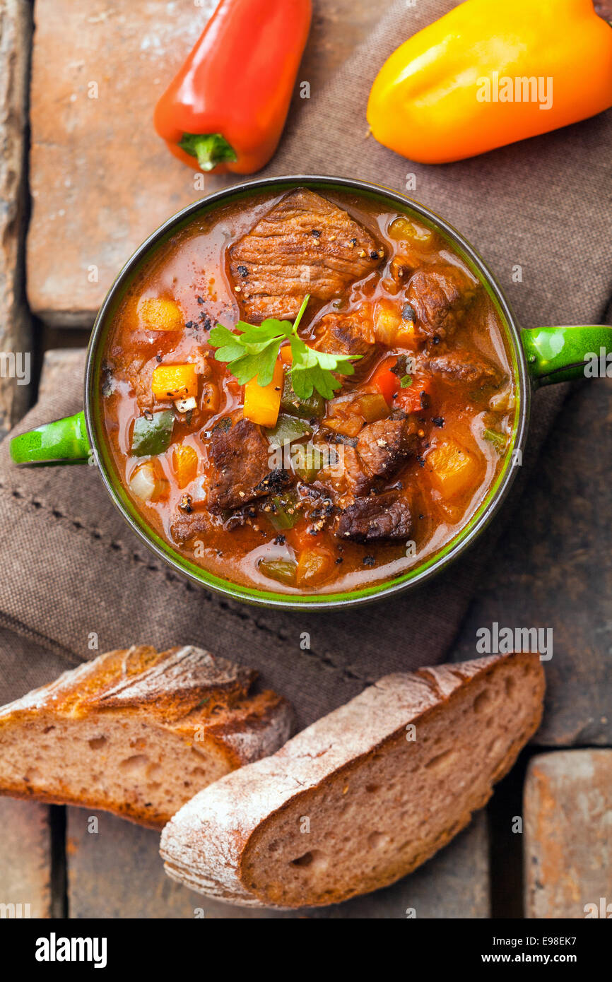 Overhead view of a delicious winter meat casserole or stew with thick