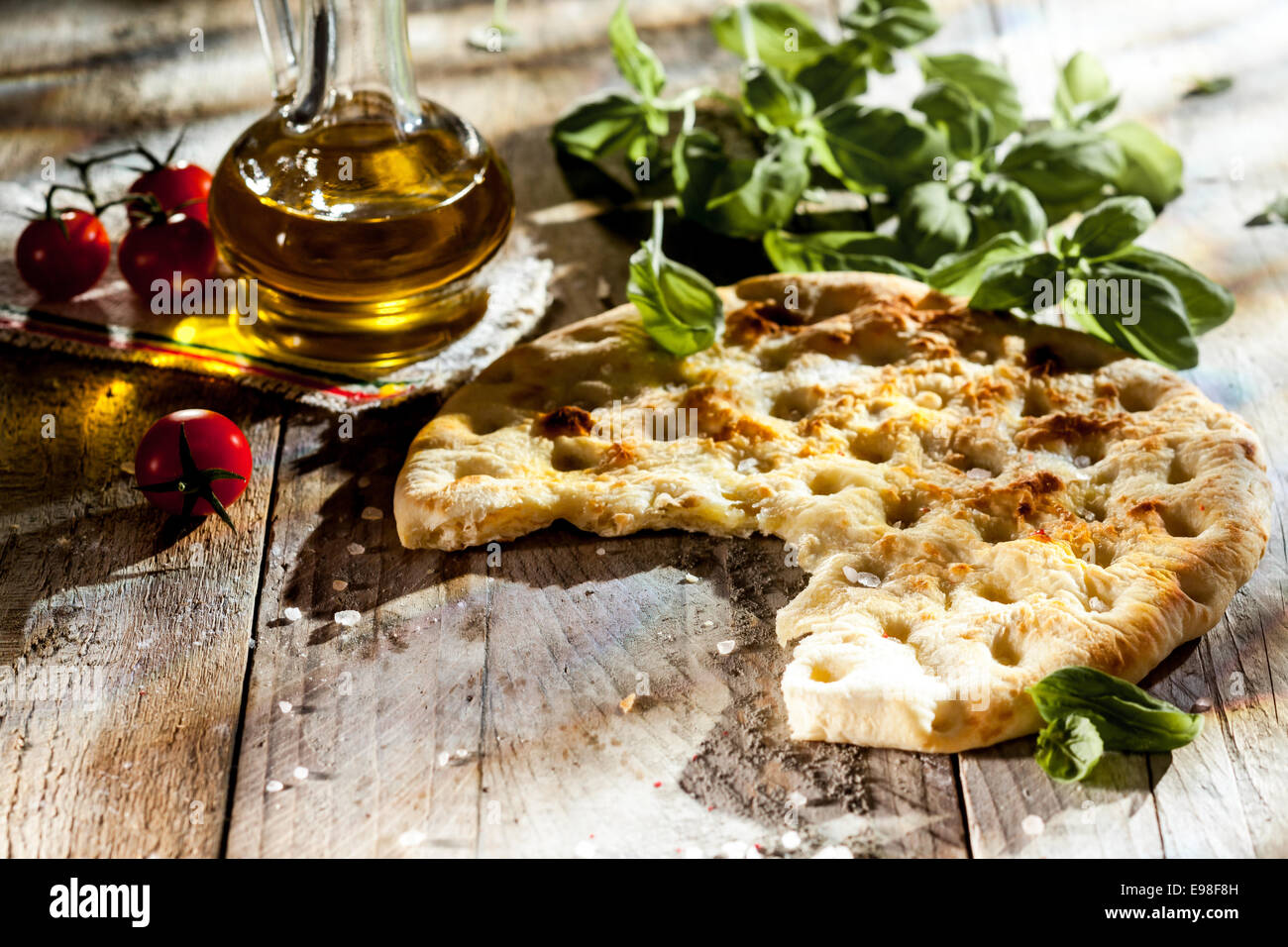 Traditional Italian focaccia bread, a savory flatbread baked from durum