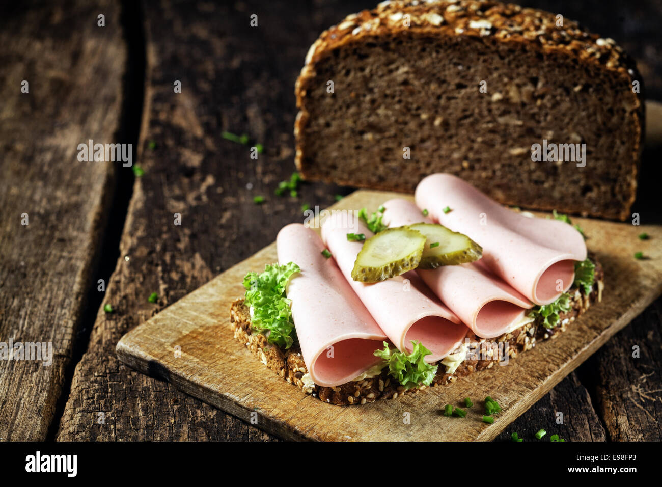 Mortadella sandwich on wholewheat bread with slices of traditional
