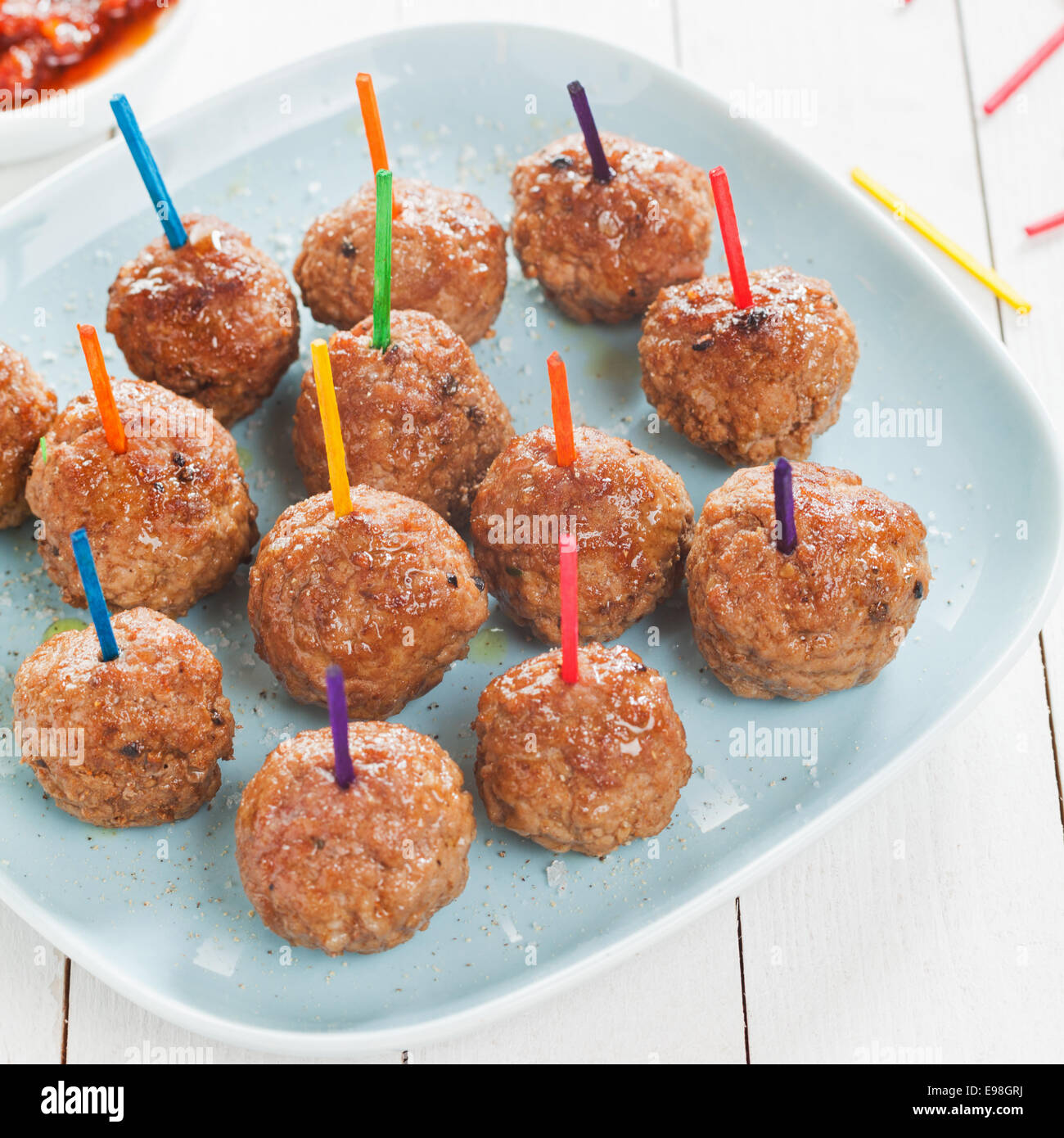 Spicy Seasoned Meatballs With Colorful Toothpicks For Dipping In Sauce