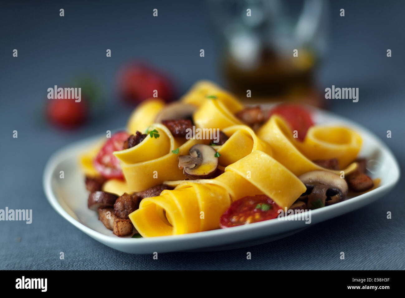 Italian pappardelle pasta, a wide ribbon egg noodle, served with fried