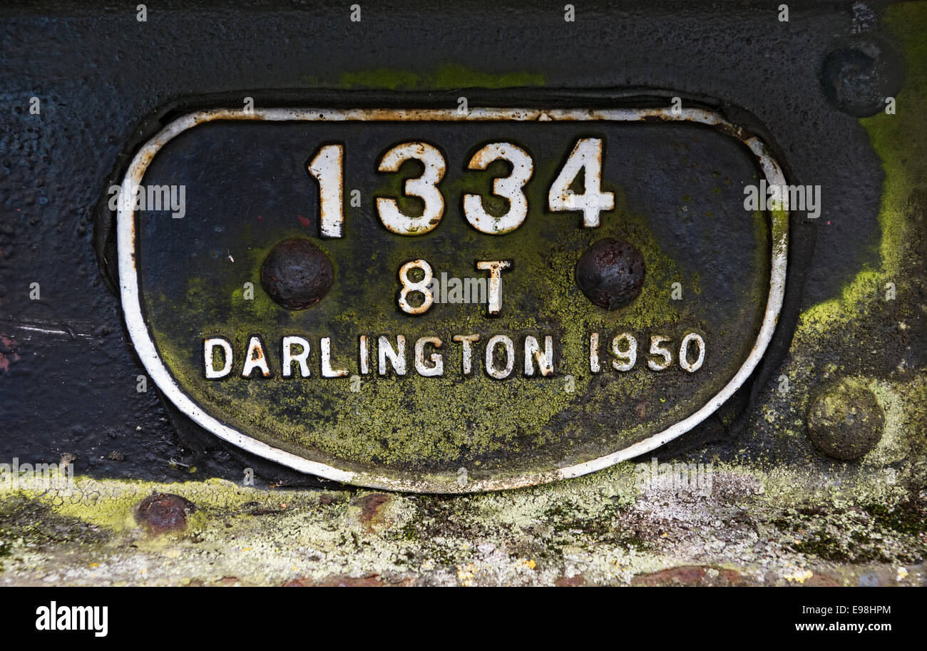 Darlington Identification plate on railway rolling stock at Haworth, Keighley and Worth Valley Railway. Yorkshire Stock Photo