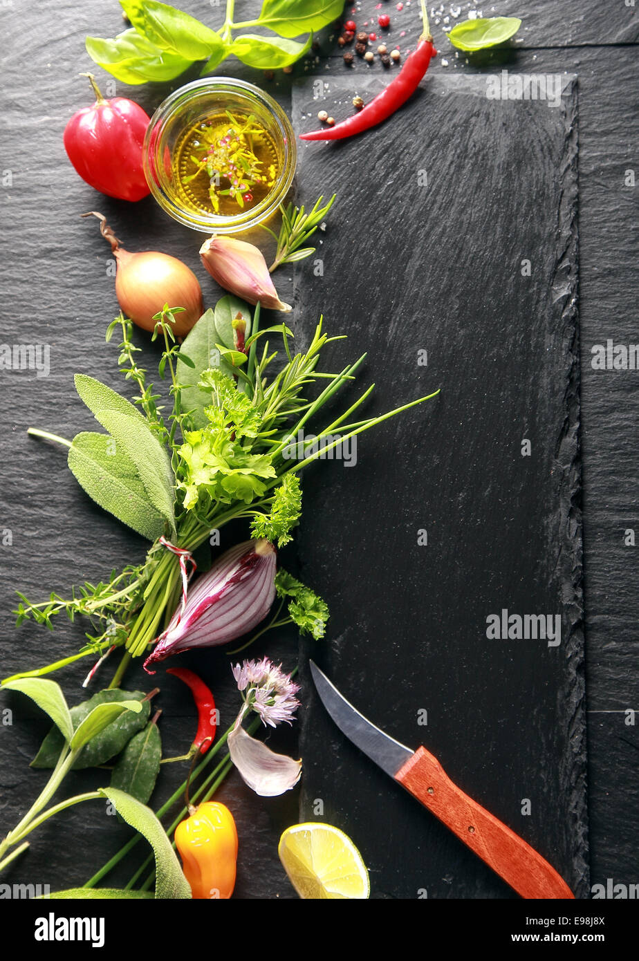 Black Chopping Board, Ingredients on Side, Isolated Black Wooden Table ...