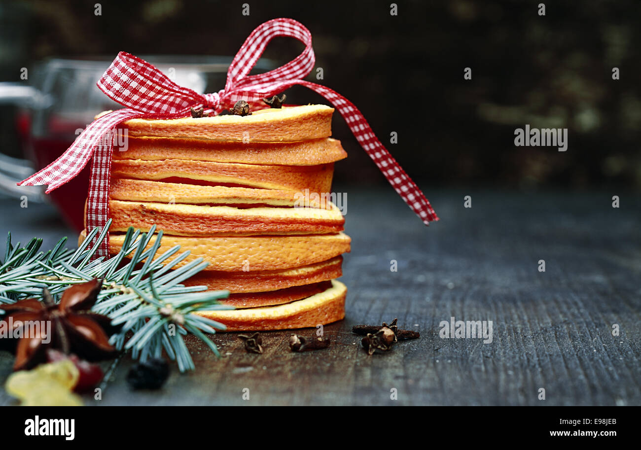 Red White Ribbon on Christmas Pancakes with Spruce, on Vintage Wooden Table Stock Photo