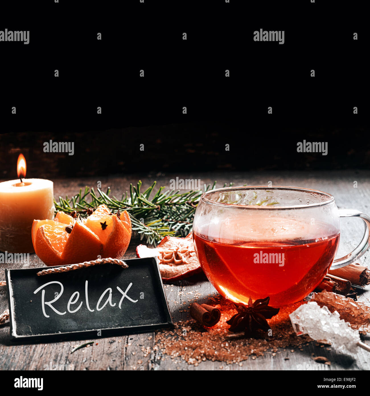 Christmas Photo Design Emphasizing Relax on Vintage Wooden Table. Stock Photo